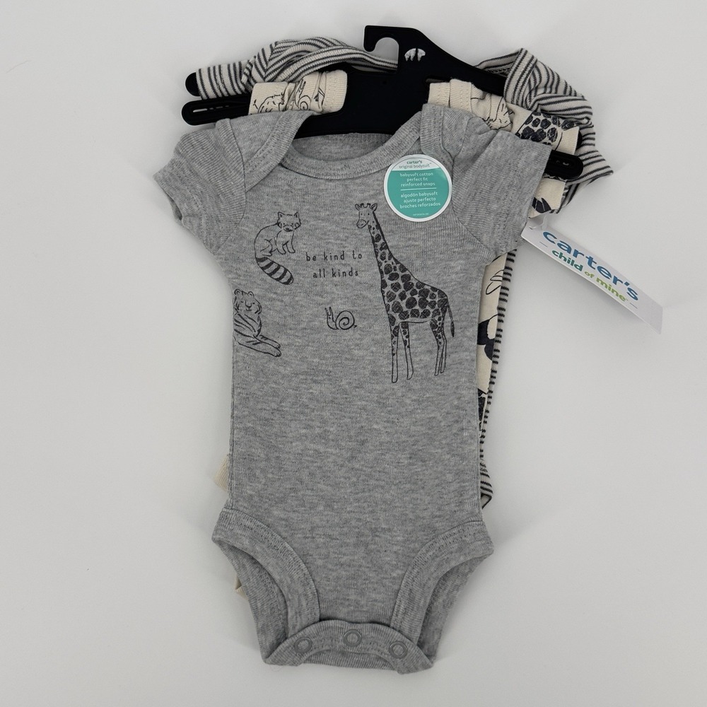 Carter's Preemie 0M Bodysuit Onepiece Set 3pc Neutral Animals Giraffe Baby NEW - Picture 2 of 6